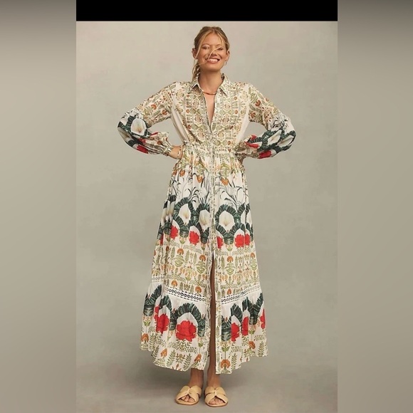 Anthropologie Dresses & Skirts - Anthropologie Ivory Maxi Dress with Red & Green Floral Print